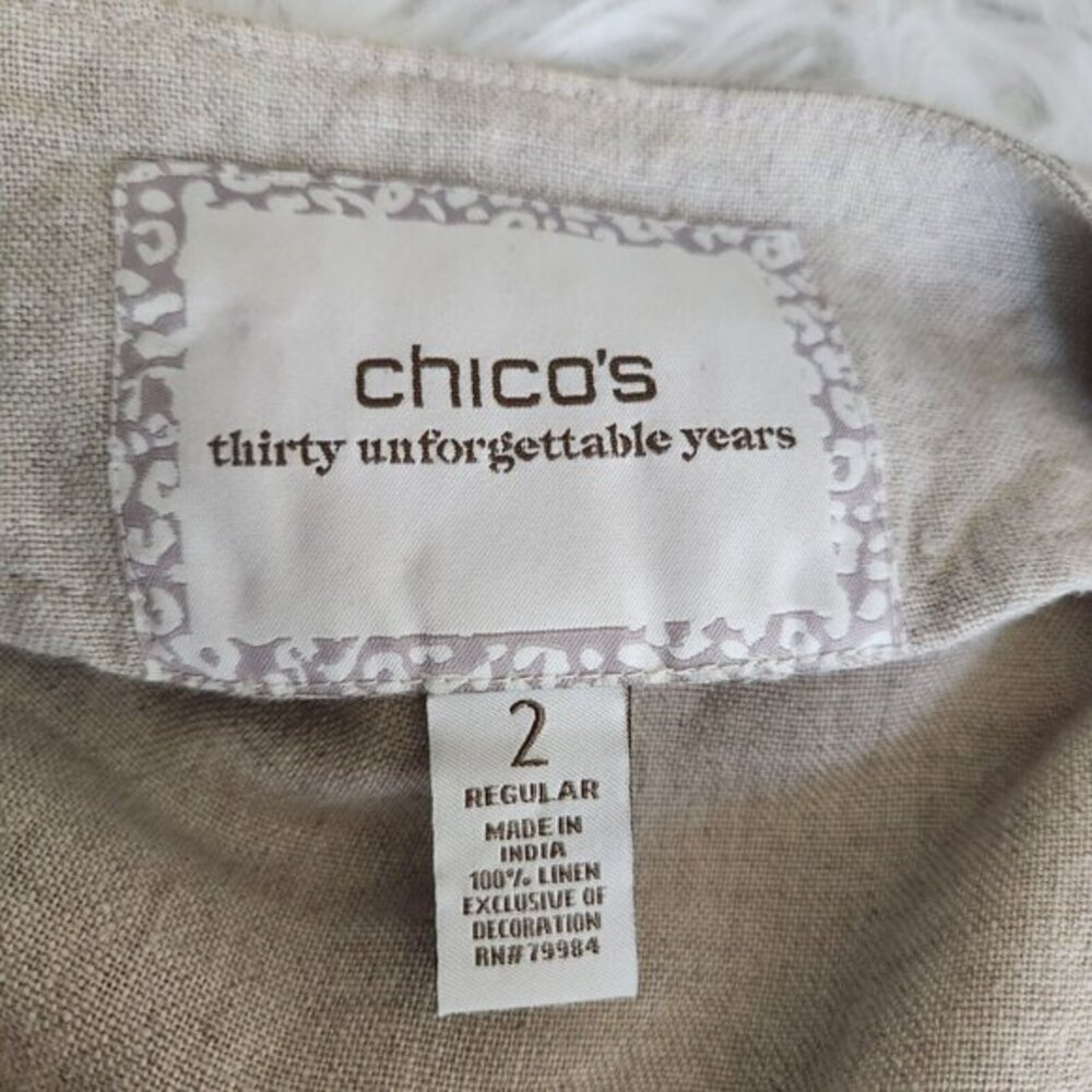 Chicos Jacket Women's 2 L 12 Embellished 100% Linen 3/4 Sleeves Tan Boho Casual - Picture 7 of 15